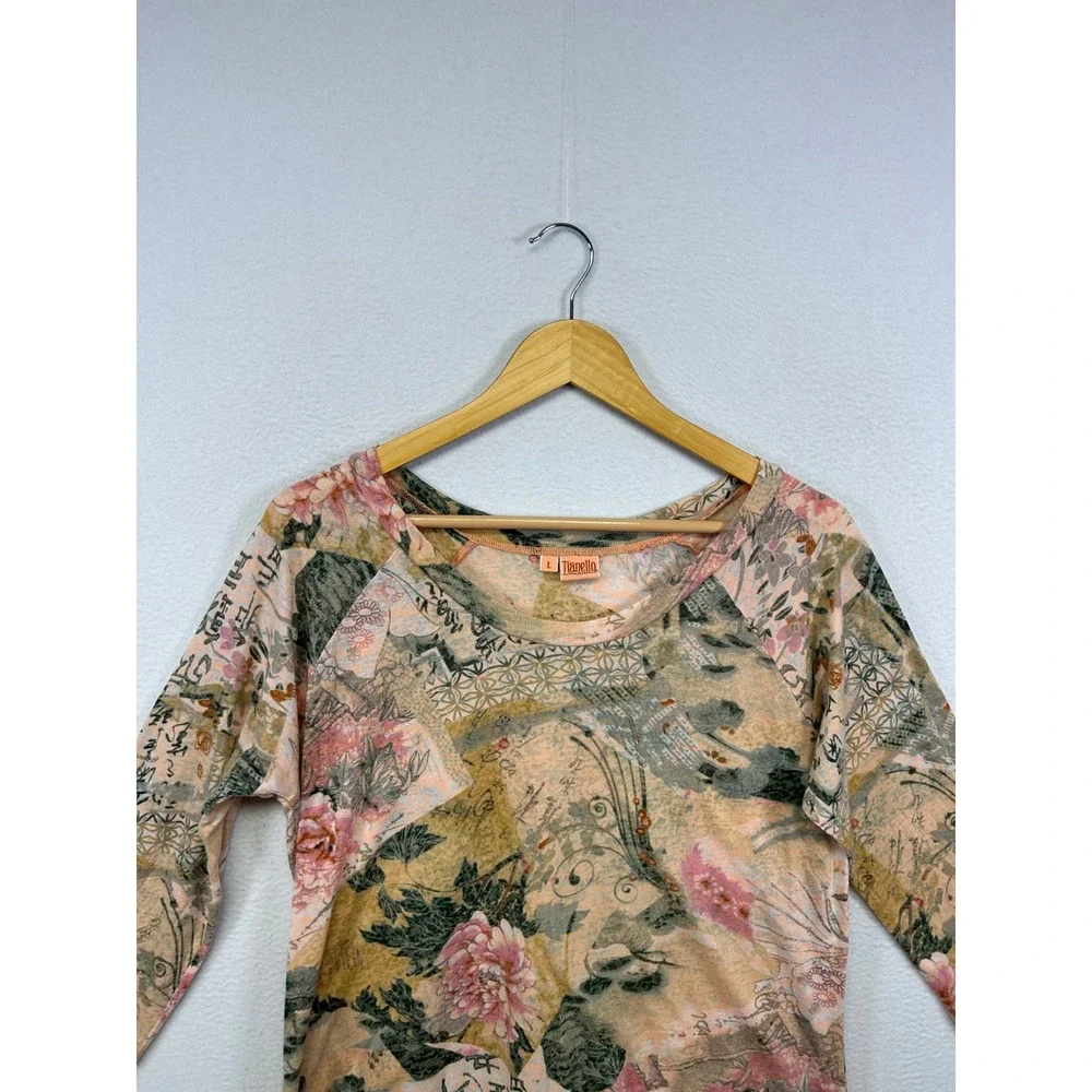 Tianello Boho Art to Wear Womens Large Peach Floral Calligraphy Livia Tunic Top